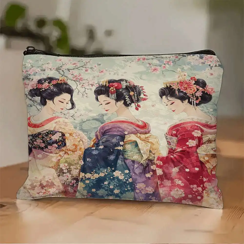 1pc Japanese Kimono Geisha Sakura Printed Washbag, Makeup Bag, Cosmetic Bag with Zipper, Lightweight Foldable Storage Bag