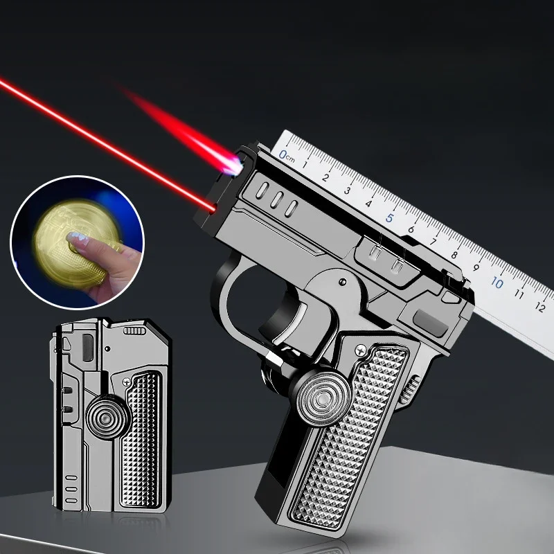 Kreatives faltbares Pistolenfeuerzeug, Butangas-Feuerzeug mit roter Flamme, gyroskopisches Feuerzeug, Herren-Gadget mit Laserlicht