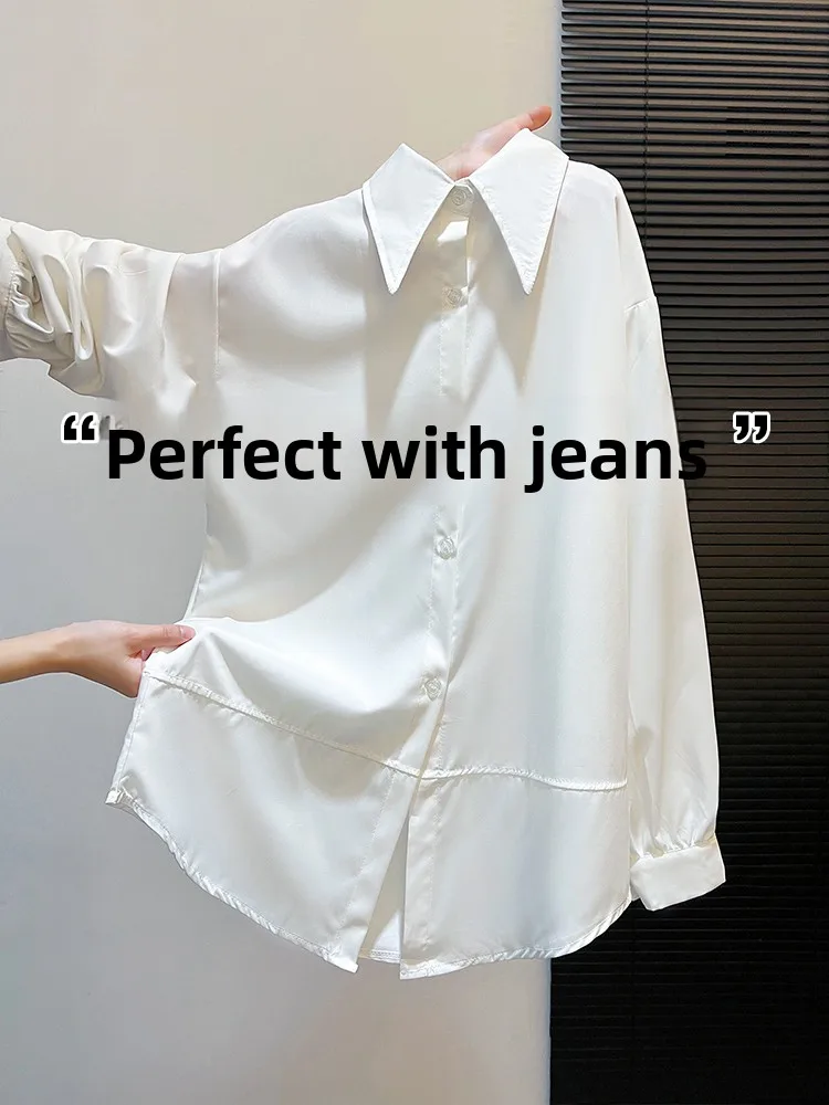 

Уникальная суперстильная женская белая рубашка с острым воротником, весенне-осенняя, свободного кроя, стройнящая, с эффектом многослойности, базовая рубашка для зимы