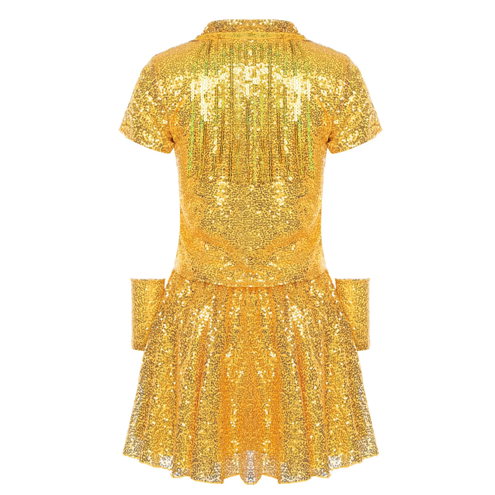 Costume da cheerleader con paillettes lucide da donna T-shirt con nappe Top Guanti Minigonna a pieghe Costume da performance di danza jazz da discoteca Hip Hop