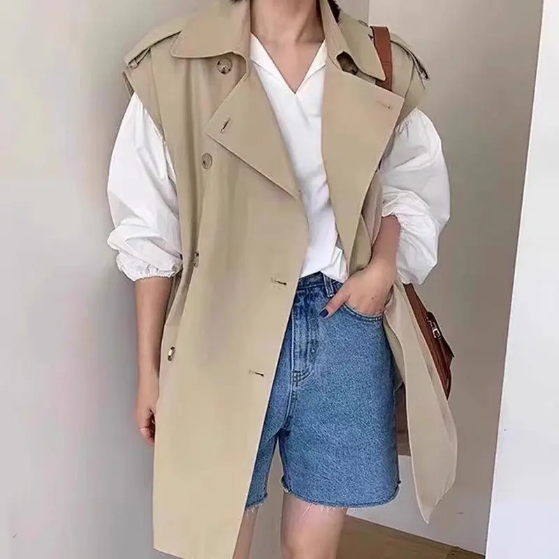 Autumn Waistcoat French British Style Lapel Double Breasted Solid Color Loose Sleeveless Trench Coat Women's Clothing Z2474