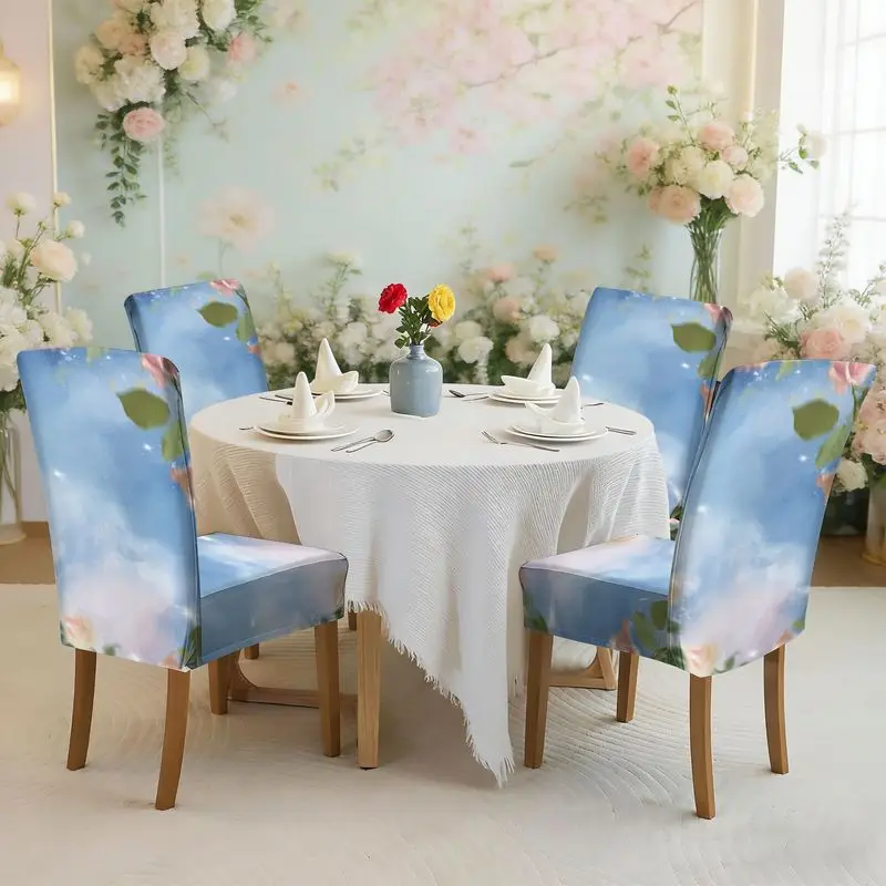 

Набор обеденных стульев с плоским принтом и эластичной отделкой, с градиентным фоном, звездами, розовым, персиковым, зеленым узором в виде листьев.