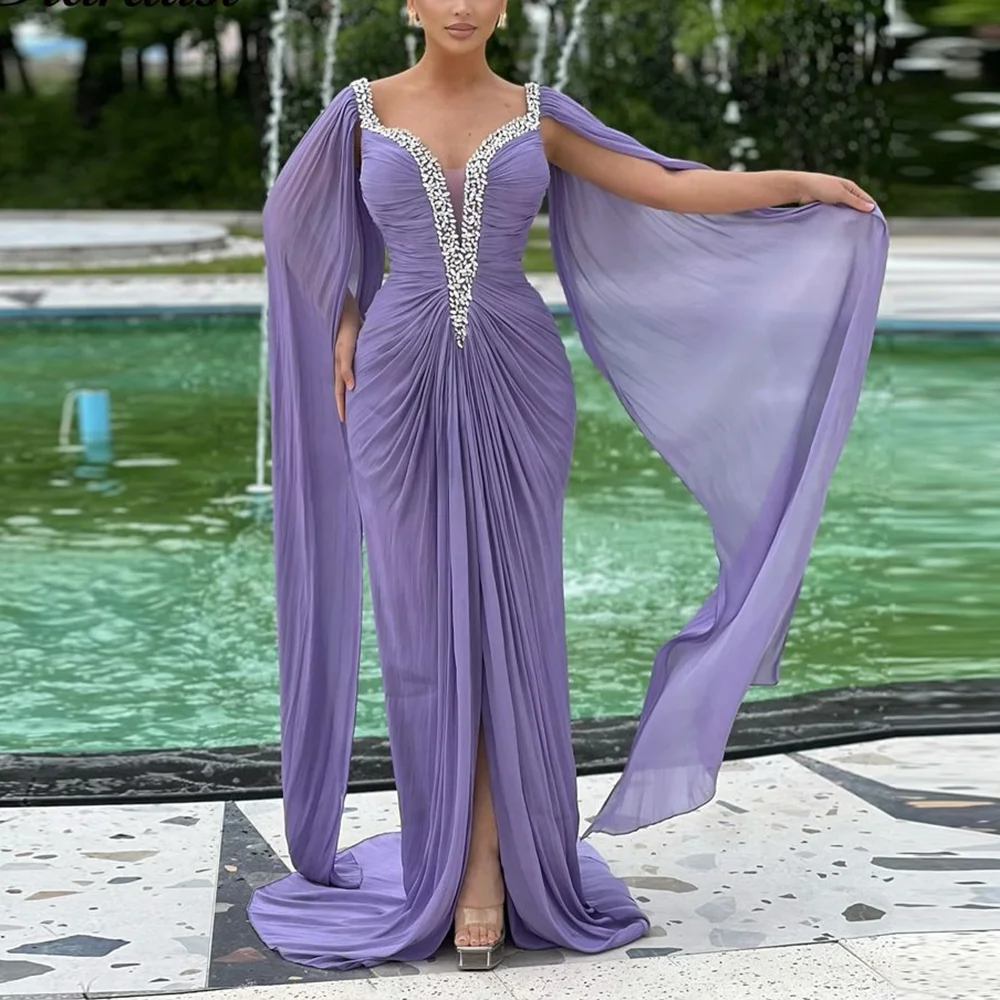 

Vintage Prom Dress For Women Deep V-Neck Cap Sleeves Shiny Sequined Draped Mermaid Gown Special Party Gala Evening Dress