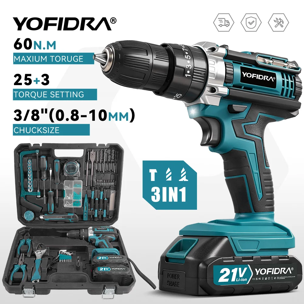 YOFIDRA Akku-Schlagbohrmaschine, 25+3 Drehmoment, Multifunktions-Schraubendreher, Haushalts-DIY-Elektrowerkzeug für Makita 21V Akku
