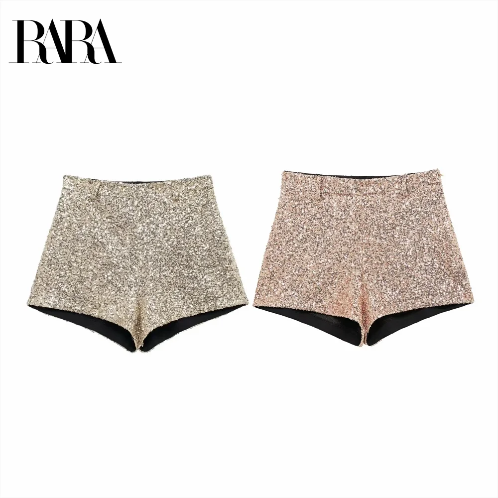 

Taop&Za women's 2024 winter pearl embellishment mid waist casual gold sequin A-line wide leg shorts