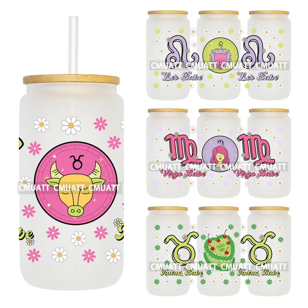 Colorful 12 Zodiac Signs 16OZ UV DTF Cup Wrap Transfer Stickers Custom Labels DIY Durable Waterproof Logo For Libbey Glass Can