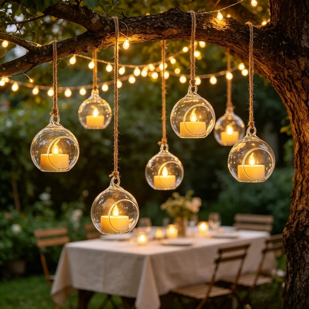 Hanging Glass Globe Candle Holder with LED Tealight Light Wall Hanging Candlestick for Wedding Party Home Garden Decor