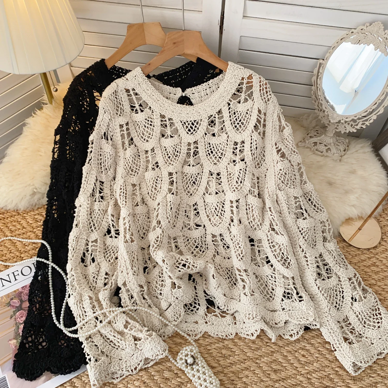 Vintage Hook Flower Hollow Out Casual Basics O-neck Top Chic Women Harajuku Office Lady Korean Fashion Ins Autumn Winter Blouse