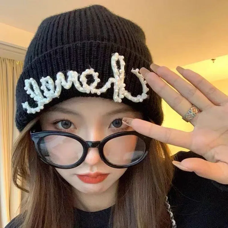 قبعة اللؤلؤ أرنب الشعر الدافئة متماسكة قبعة المرأة المألوف الشتاء الباردة قبعة زيادة وإطالة مزدوجة مطوية حواف قبعة