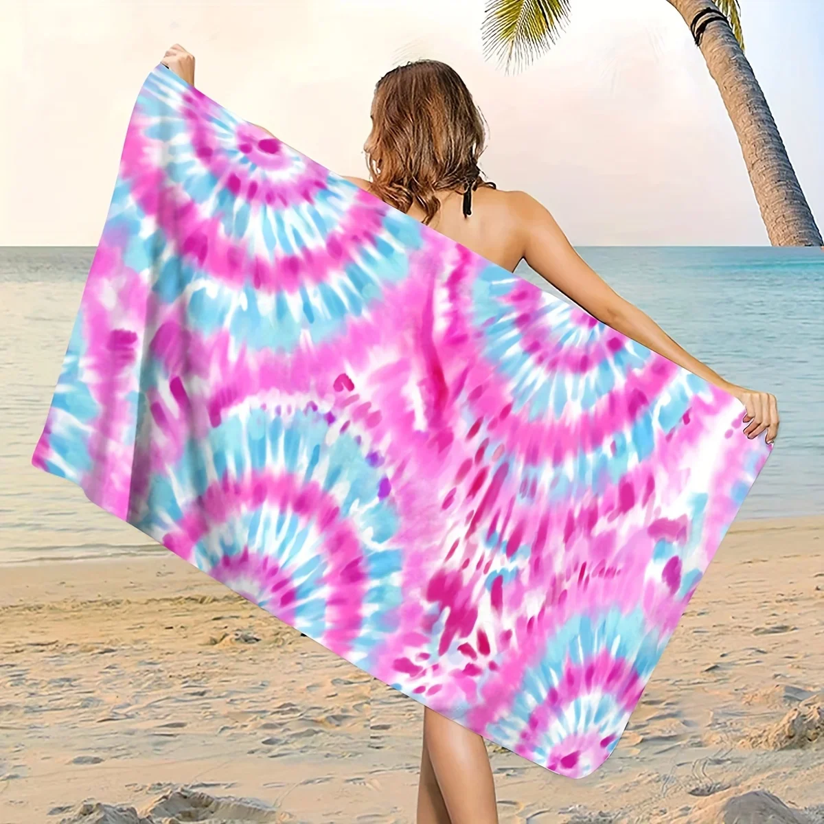 Boho Tie Dye Beach Towel Pink Blue Spiral Pattern Soft Absorbent Microfiber Towel for Beach Bath Pool Travel