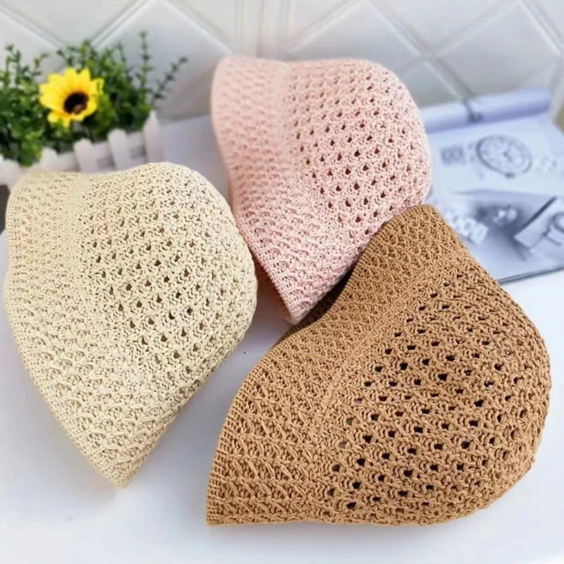 Bucket Hat Spring Summer Hollow Knitted Hat Solid Color Sunhat Fisherman Caps Casual Foldable Beach Cap