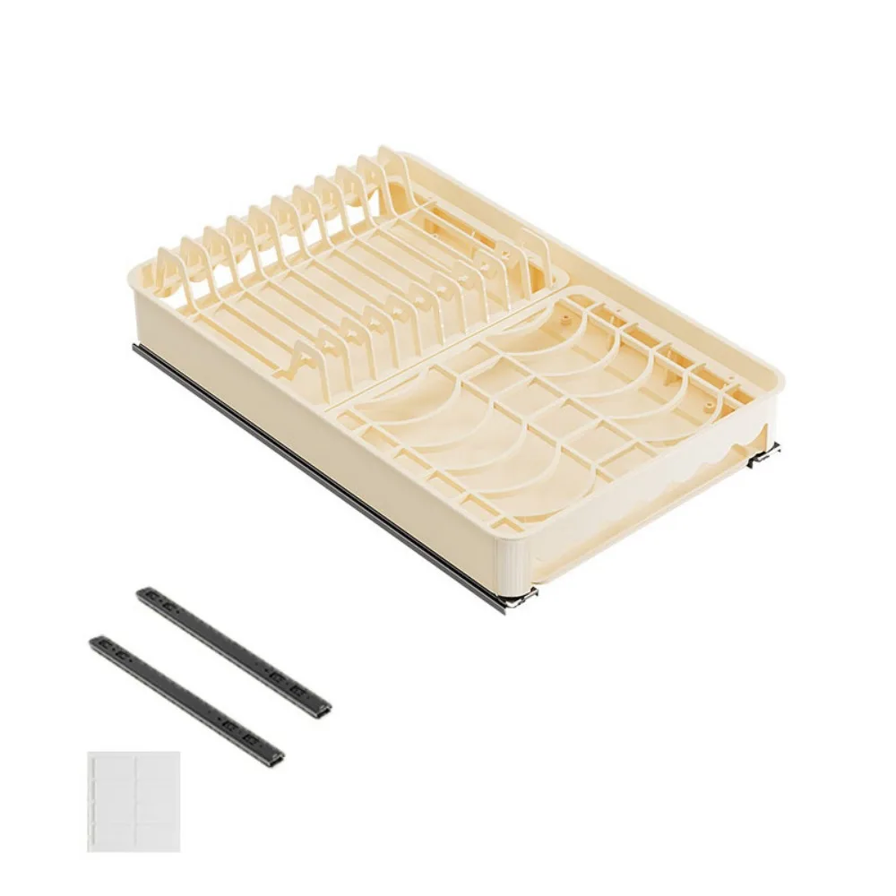 

Durable Plastic Pull Out Dish Rack Built-In Large Slide Out Dish Drying Rack Space Saving with Drainboard Dish Holder Kitchen