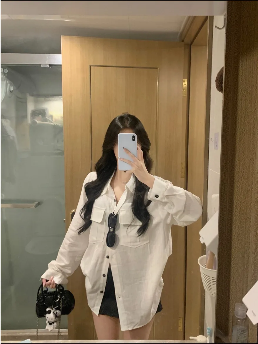 White Collar Long Sleeve Women's Shirt Casual Open Cardigan Style Loose Sun Protection Top for Autumn Season