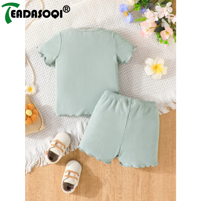 Newborn Infant Casual Clothes Outfit Summer Pit Strip Short Sleeve 3D Corsage T-shirt Rib Top+Shorts Pants Baby Girls 2Pcs Set