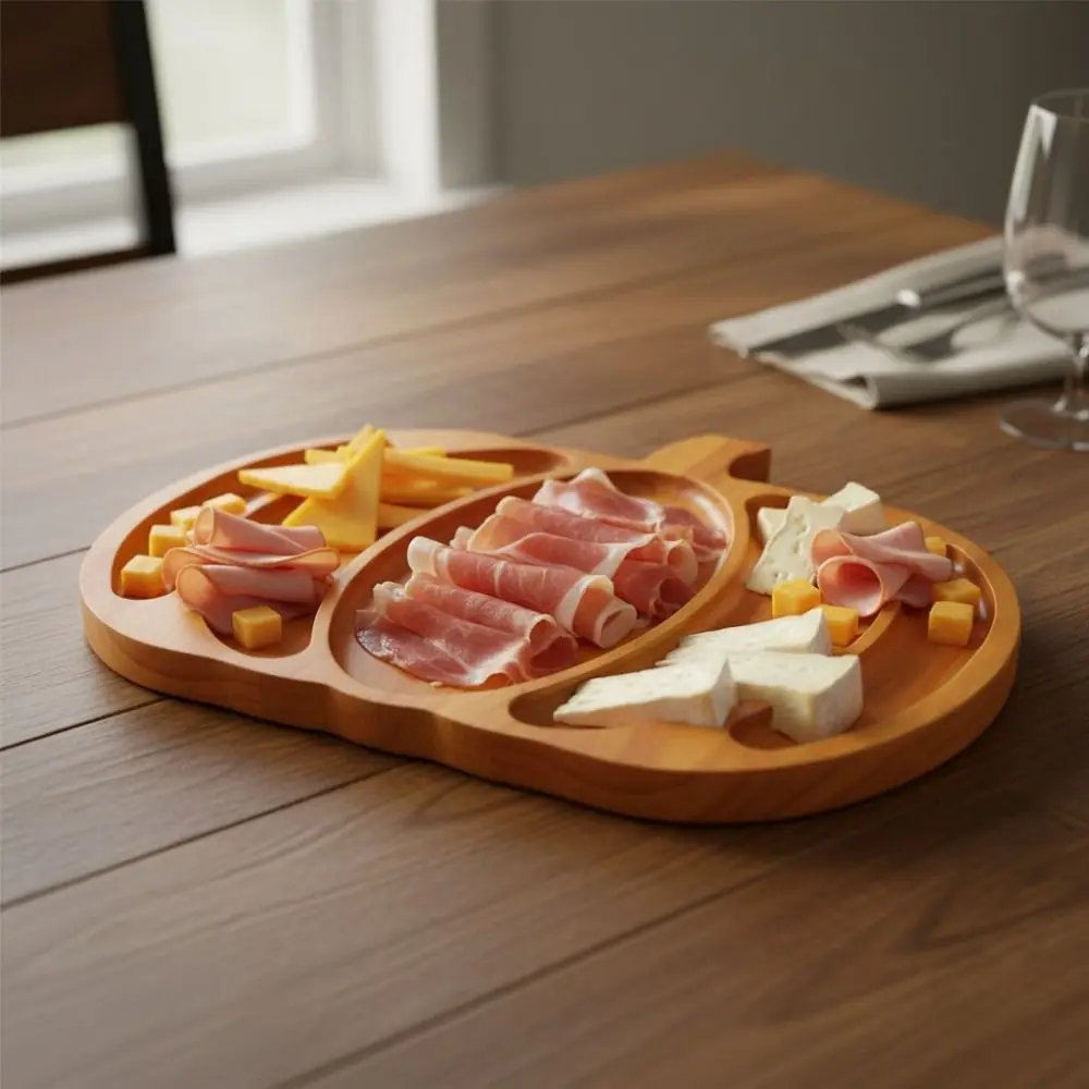 Wooden Halloween Pumpkin Snack Tray 5 Grid with Compartment Nut Platter Sturdy Drop-resistant Snack Serving Plate Tea Table