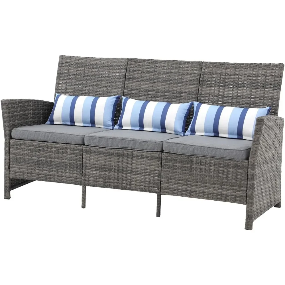 

3 Seats Patio Couch, Outdoor Wicker Sofa with Cushions & Pillows