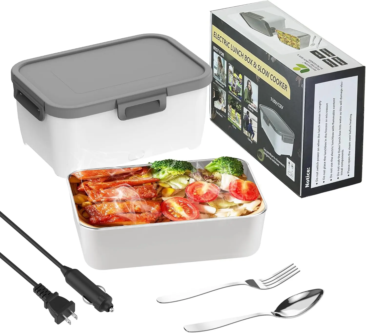 

ROTTOTOON Electric Food Warmer 2-in-1 12V/110V 1.8L Heated Lunch Box with Fork Spoon for Car Home Office White Gray