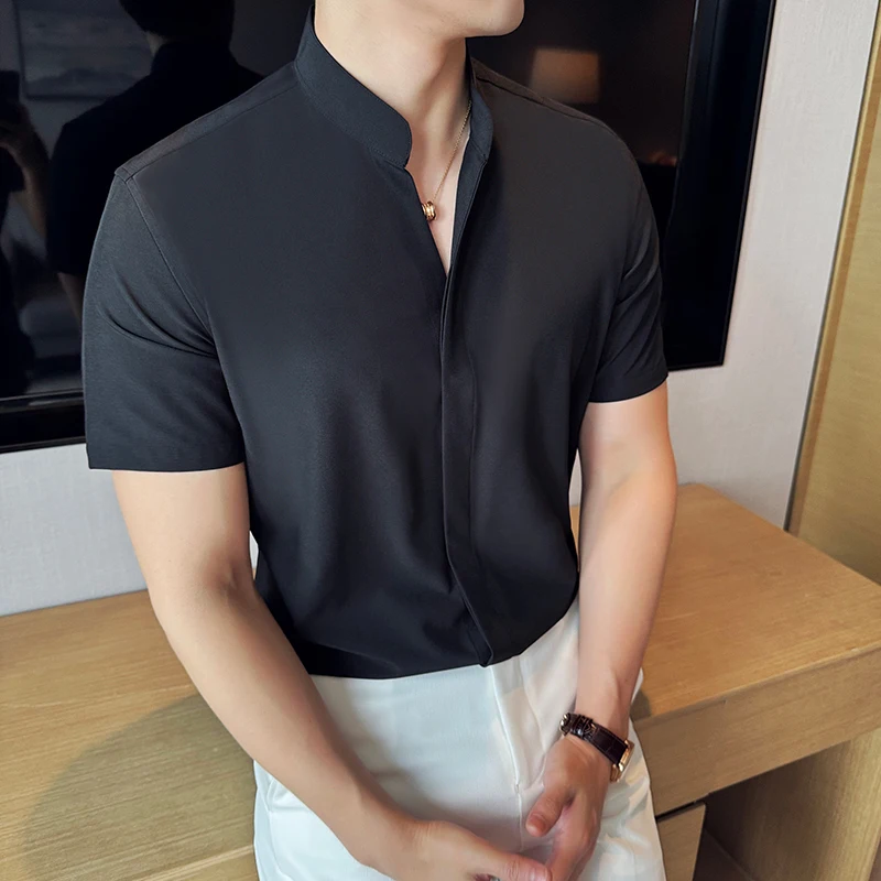 Chinese Style Standing Collar Short Sleeved Men Shirt 2024 Summer Solid Casual Elastic Slim Fit Shirt Fashionable Men Clothing