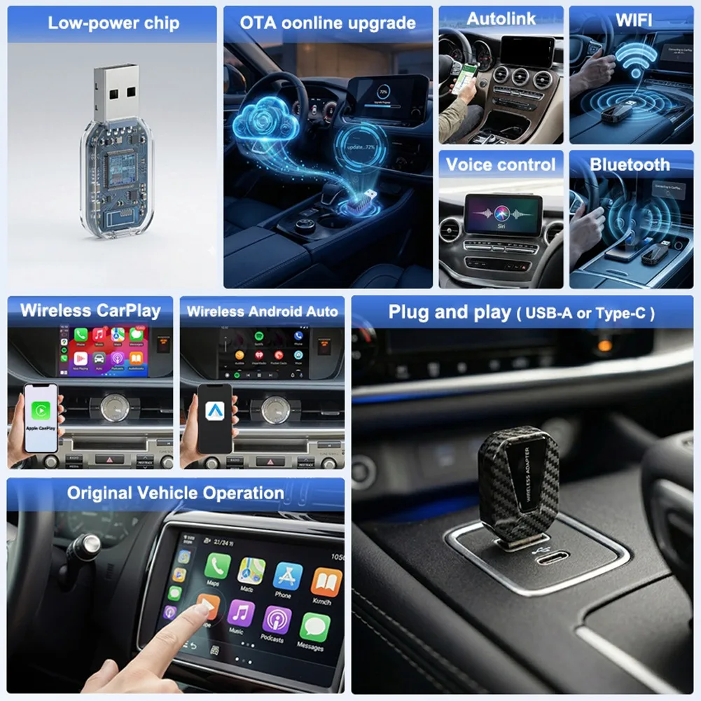 618 Mega Sale 2-in-1 Wireless CarPlay Android Auto Adapter, USB Dongle Plug & Play, Wired to Wireless Car Converter