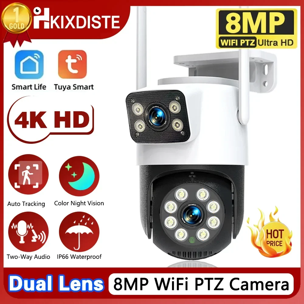 

Wifi Surveillance Cameras 8MP Waterproof Outdoor Wireless Security Camera Dual Lens Security-Protection Tuya IP Camera AI Track