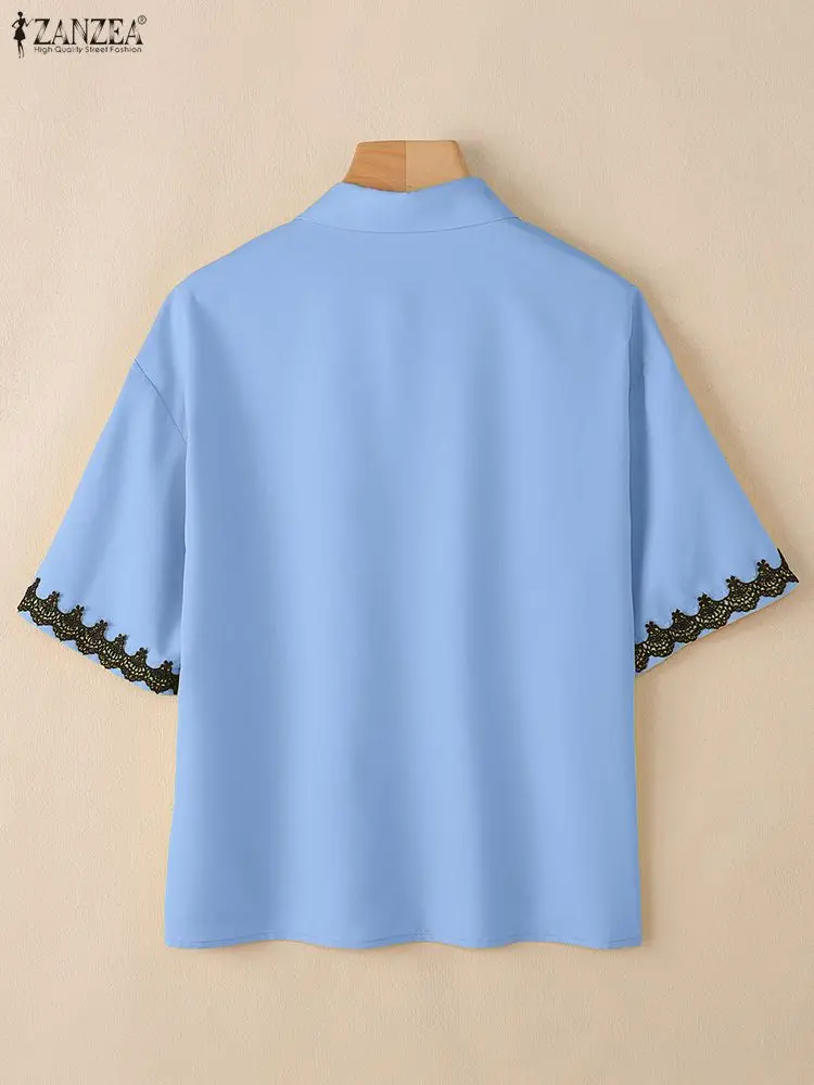 ZANZEA レディース レース パッチワーク 半袖シャツ 夏 2025 カジュアル ターンダウンカラー 刺繍入り 漫画ボタンアップ デイリートップス 3XL