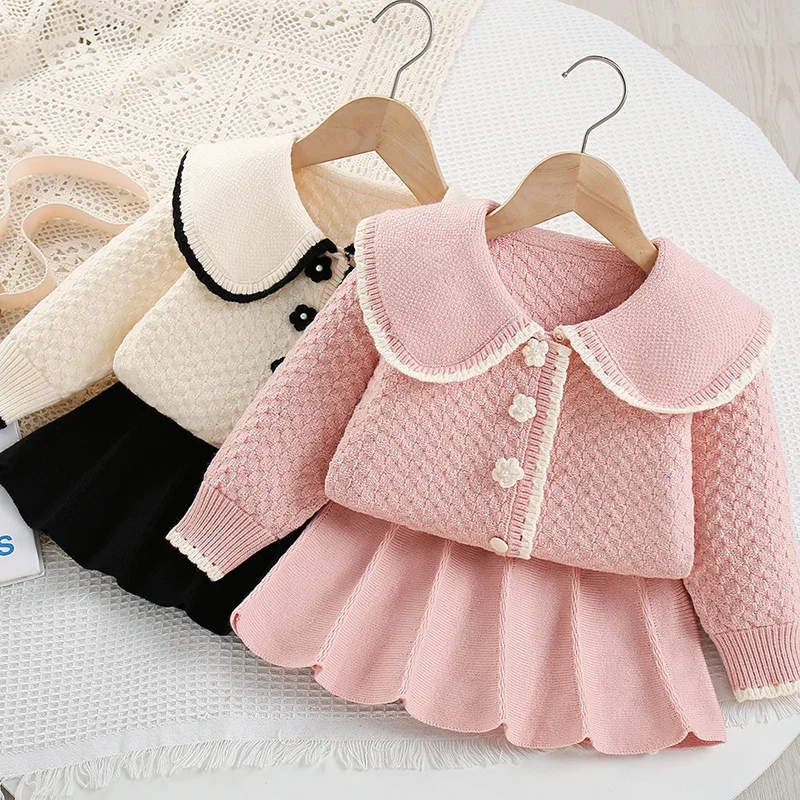 2026 New Spring Kids Knitted Clothing Suit Long Sleeved Knitted Cardigan+Short Skirt 2-6Yrs Baby Girls Clothing Set