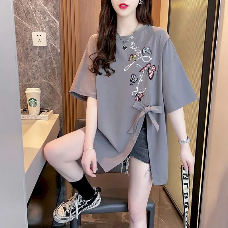 Vintage Loose T Shirts Women Fashion Butterfly Print Half Sleeve T-shirt Casual Design Oversized Tops Summer Trend Thin Tshirt