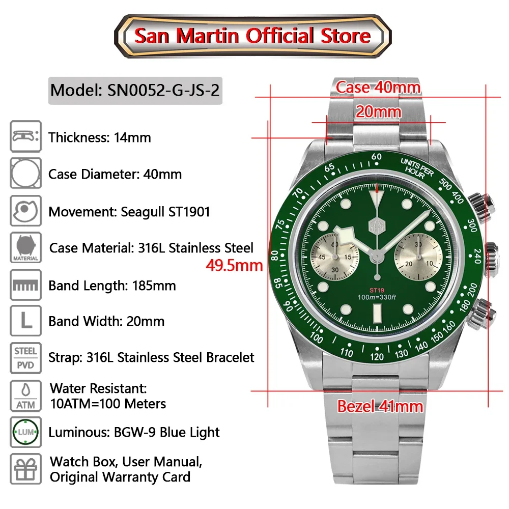 San Martin New 40mm Panda BB Chronograph Men Watch Automatic mechanical watch Manual Sapphire Waterproof 100M Sports watch