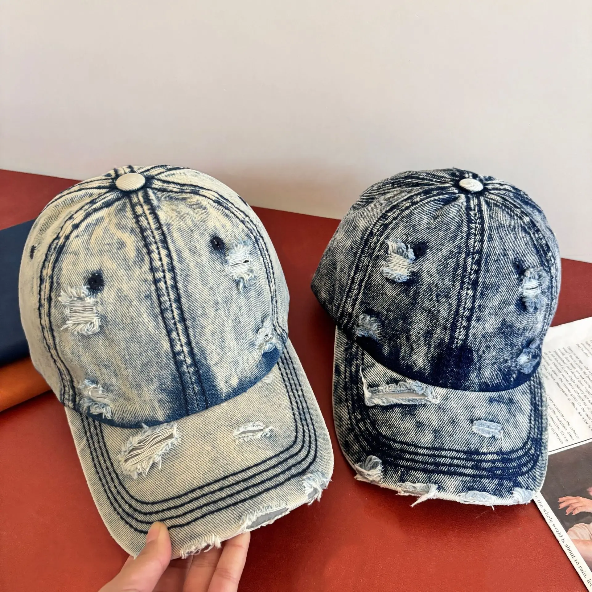 

denim baseball cap distressed ripped cotton soft top American casual streetwear fashion vintage caps for men women