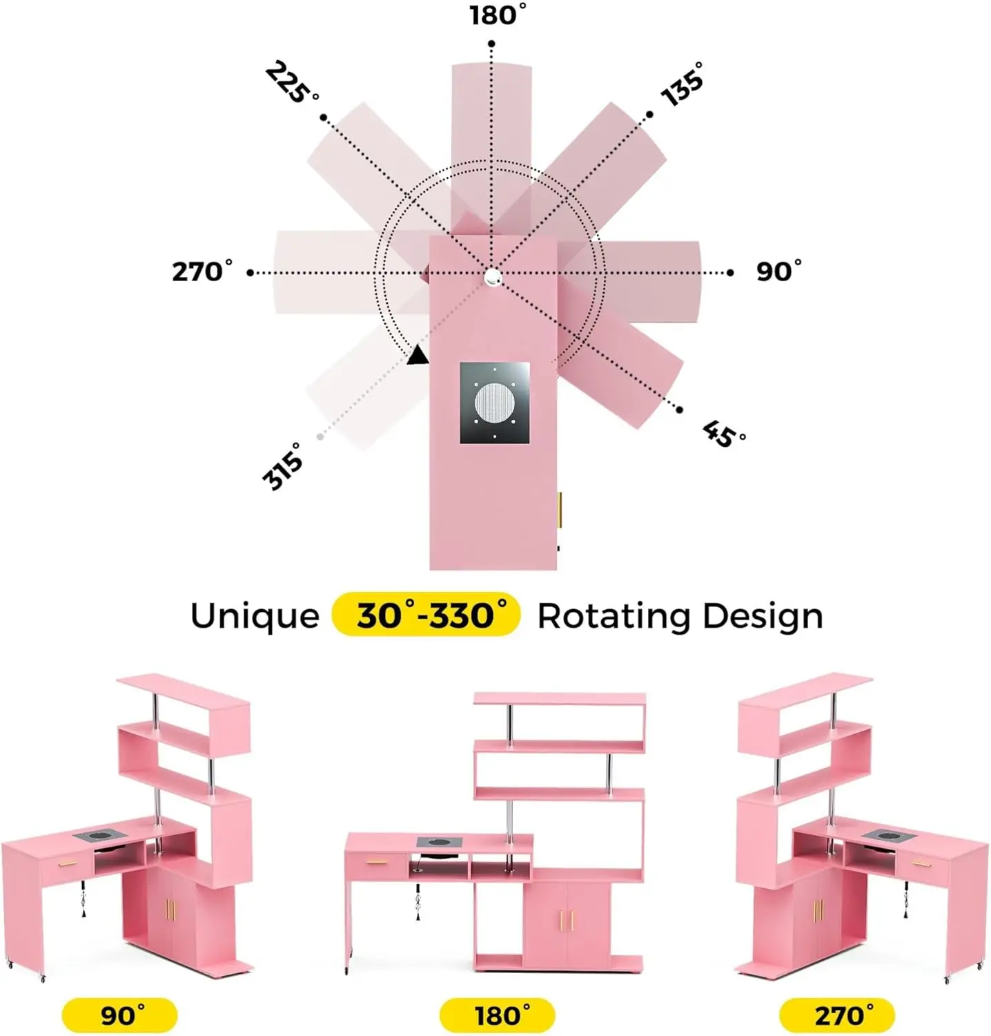 Manicure Table Nail Desk with Stool,Rotating L-Shaped Nail Tech Desk with Dust Collector,Two-Way Drawer,Cabinet &Storage Shelves