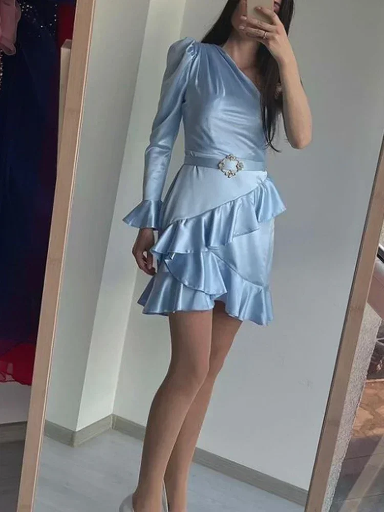 Exquisitos vestidos de graduación con volantes, vestido de cóctel de un solo hombro, vestidos formales elegantes de fiesta de alta calidad para mujer personalizados