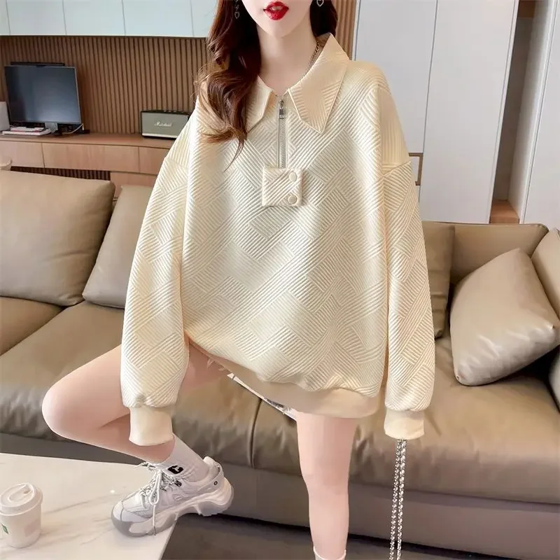Fashion Simple POLO Pullovers Women Loose Chic Design Sweatshirt Spring Fall Trend Thin Half-zip Long Sleeve Tshirt Y2k Pullover
