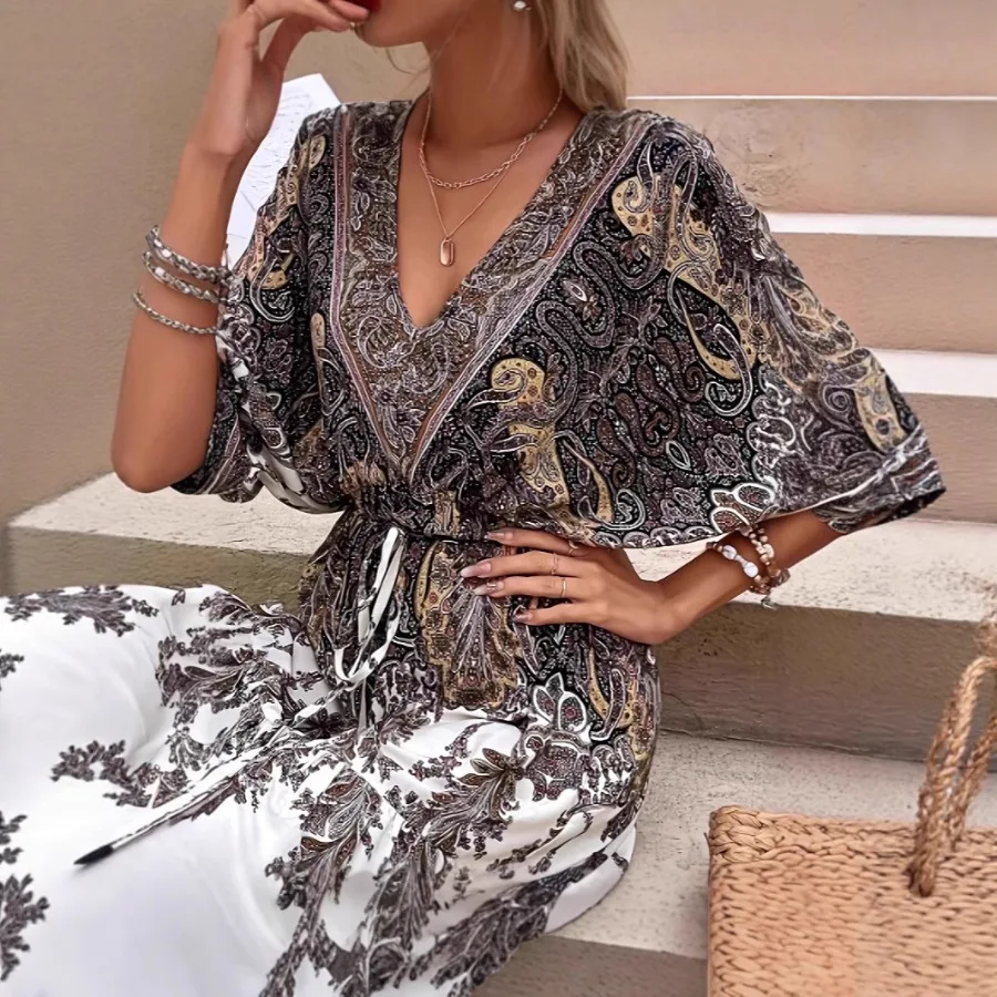 

【New style】Summer new Bohemian dress Thai ethnic collar seaside vacation printed cotton silk long dress