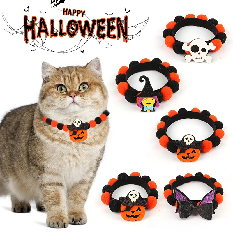 Halloween Pet Collar Funny Pumpkin Decoration Dog Pet Collar Plush Ball Necklace Halloween Decoration Dress Up Accessories