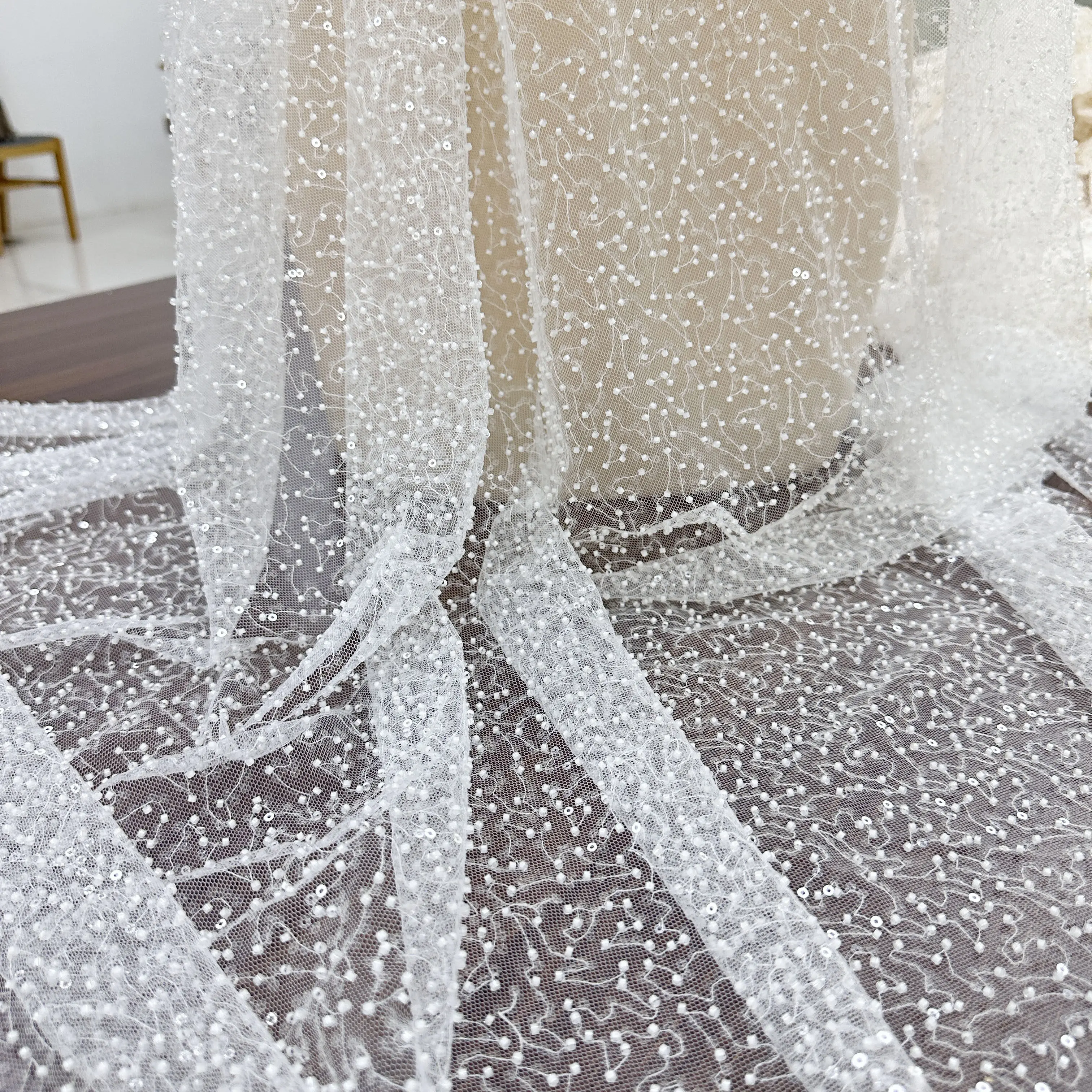 1 Yard Full-Width 3D Beaded Sequin Lace Fabric High-End Customized Accessory for Wedding Dress DIY And Travel Photography