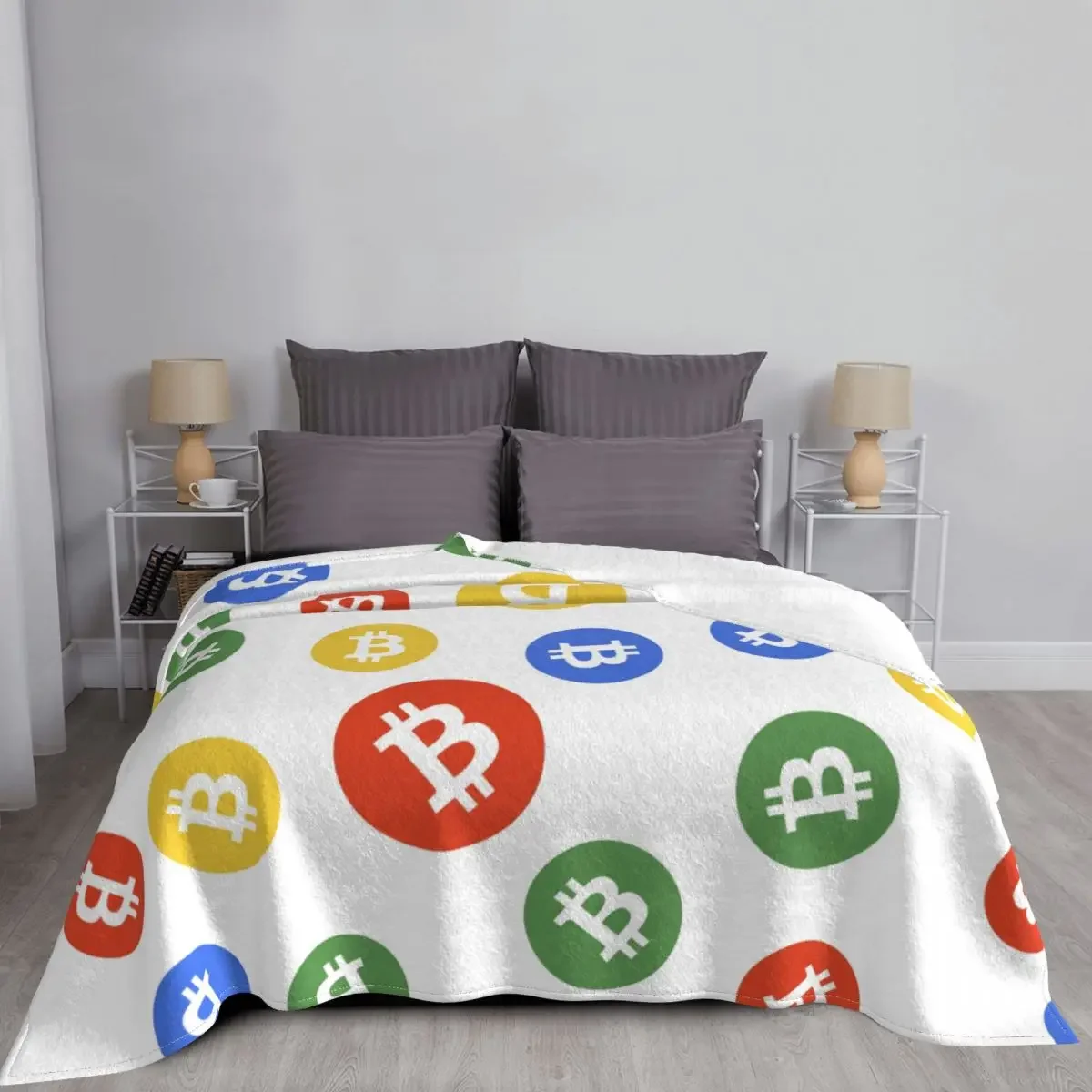 Bitcoin Colorful Money Blanket Flannel Spring/Autumn Cryptocurrency Portable Lightweight Throw Blanket for Bedding Travel Quilt