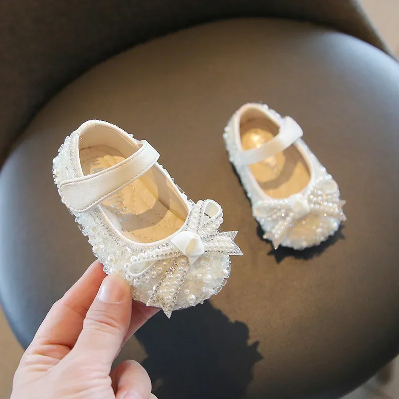 Sepatu bayi perempuan, Kasut tunggal pita kupu-kupu, hadiah ulang tahun mutiara, Size15-25 anak bayi perempuan