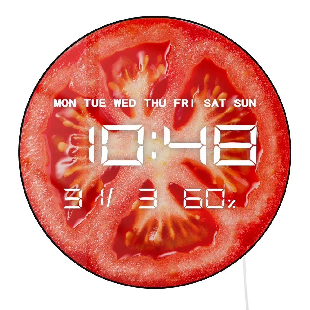 

Tomato Slice Printed Kitchen Wall Clock With LED Large Numeric Display Vegetarian Foodie Art Home Decor Electronic Wall Clock