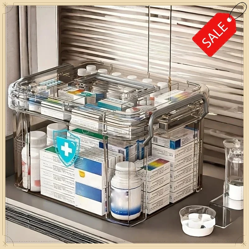 Transparent Plastic First Aid Box with Handle Household Emergency Medicine Storage Organizer Box