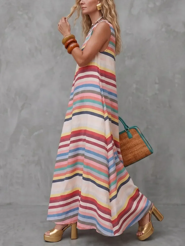 2026 New Summer Rainbow Striped Printed Maxi Dresses For Women Sleeveless Loose Casual Vacation Beach A-Line Sundress