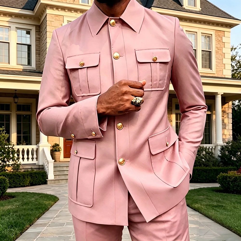 Single Breasted Safari Men Suits 2 Pieces Slim Fit Jacket Pants Set for Outdoor Wedding Guest Prom Formal Party Tuxedo 2026