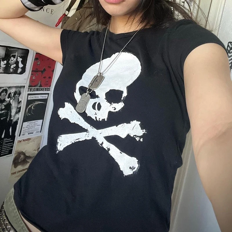 

90s Vintage Skull Print Short Sleeve Tee Gothic Graphic O- neck T-shirt Rock Hip Hop Women Aesthetic Crop Top Y2K Streetwear