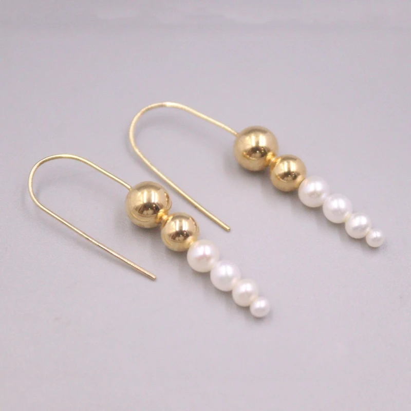 

Real Pure 18K Yellow Gold Women Lucky Smooth Beads Sea Pearl Dangle Earrings