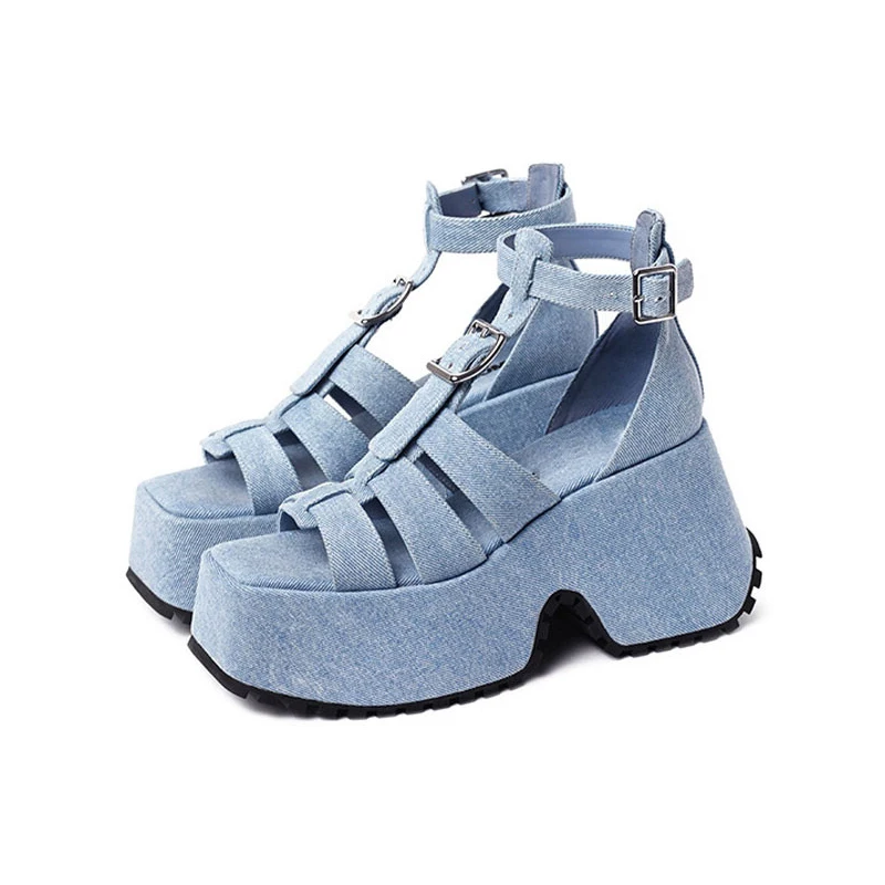 

Thick Platform T-strap Shoes Women's Outdoor Slides High Wedge Heel Modern Denim Sandals Solid Color Slippers