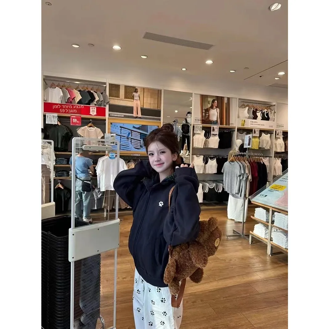 

American Plaid Hoodie Women Spring Autumn New Thickened Fleece Baseball Style Outerwear Korean Style Jacket Cardigan