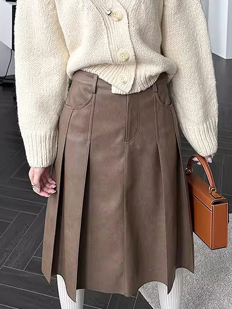 Jupe rétro en cuir PU taille haute avec Double kets, jupe décontractée Bla f-longue pour femmes, pliable et polyvalente