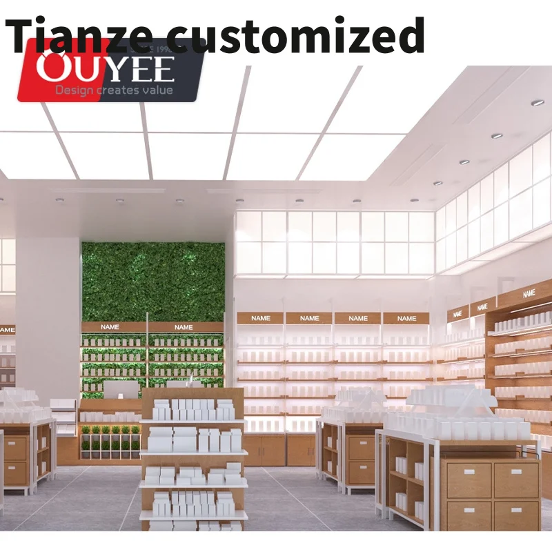 Customized-3D Rendering Pharmacy Shelves Farmacia Wooden Frame Display Racks Glass Pharmacy Cabinet Pharmacy Product