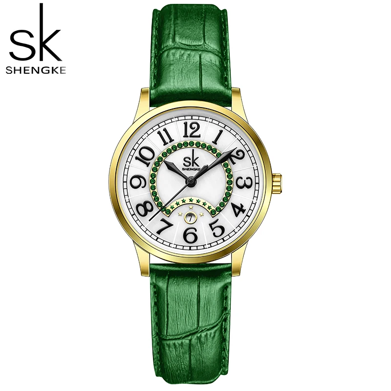 SHENGKE Fashion Green Leather Strap Calender Woman Watches Elegant Design Ladies Watch Original Women\'s Quartz Wristwatches SK