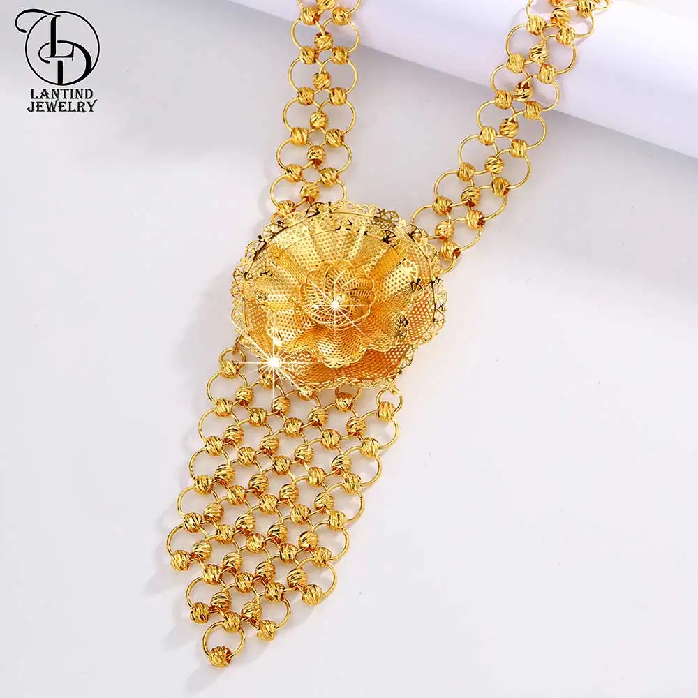 24K金メッキフラワーセーターと女性用ロングネックレス、中東の高級品、タッセルイヤリング、ファッションジュエリー、2個セット、as00039