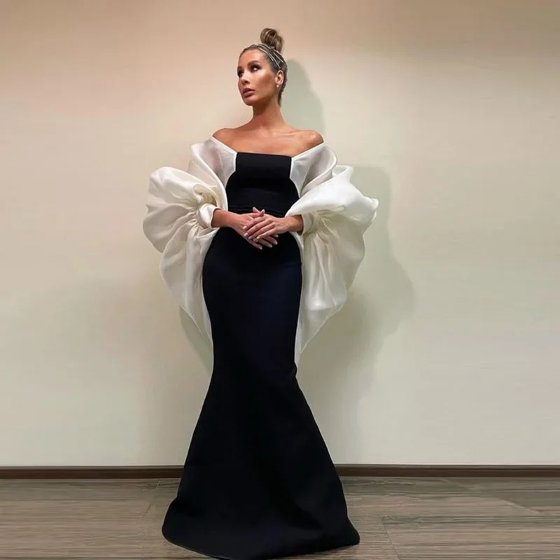 

Gorgeous Prom Gowns Mermaid Off The Shoulder Saudi Arabic Women Dresses Elegant Black Ivory Trumpet Prom Gown Full Sleeves